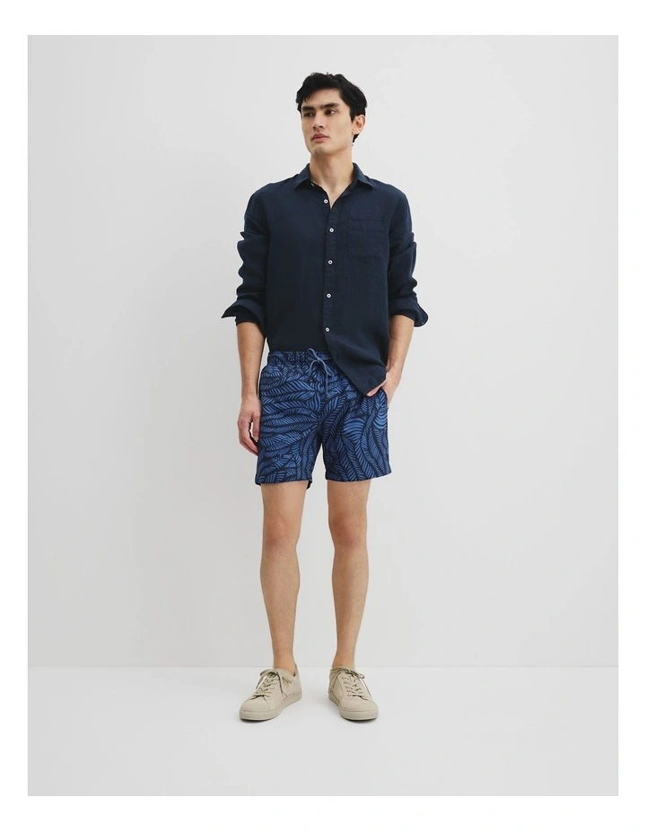Recycled Polyester Leaf Print Swim Short in Navy image 1