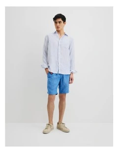 Long Sleeve Regular Fit Organically Grown Linen Stripe Shirt in Blue Stripe