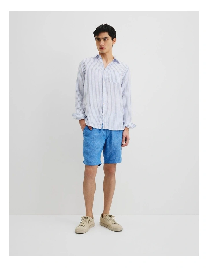 Long Sleeve Regular Fit Organically Grown Linen Stripe Shirt in Blue Stripe image 1