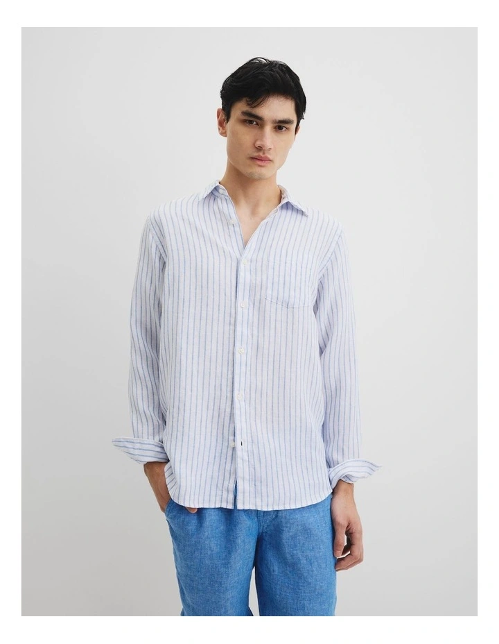 Long Sleeve Regular Fit Organically Grown Linen Stripe Shirt in Blue Stripe image 2