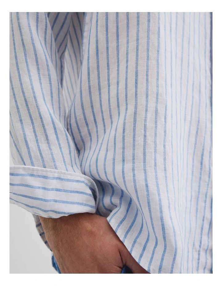 Long Sleeve Regular Fit Organically Grown Linen Stripe Shirt in Blue Stripe image 3