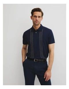 Embroidered Pique Button Polo in Navy