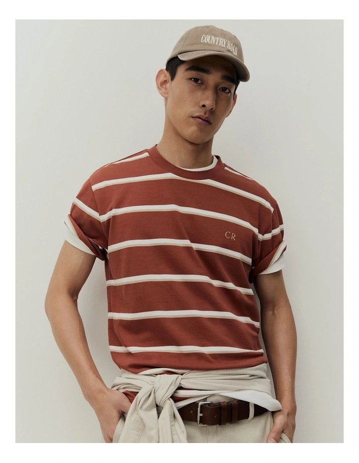 Australian Cotton Cr Logo Stripe T-shirt in Spice image 2