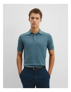 Australian Cotton Blend Silk Button Polo in Bluestone