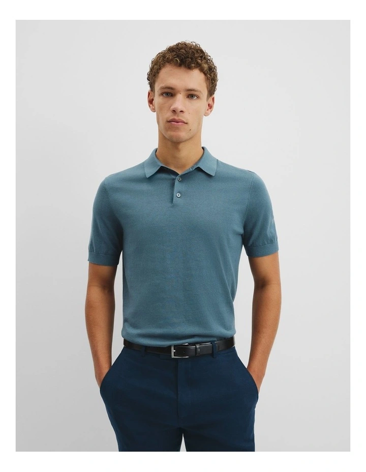 Australian Cotton Blend Silk Button Polo in Bluestone image 1