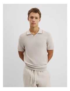 Australian Cotton V-neck Knit Polo in Bone
