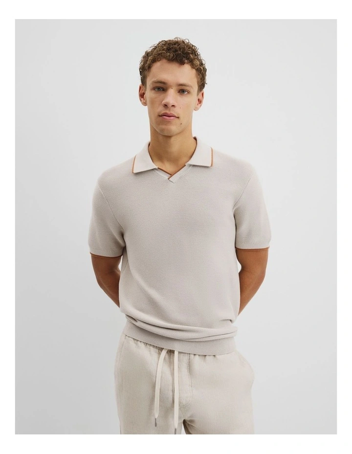 Australian Cotton V-neck Knit Polo in Bone image 1