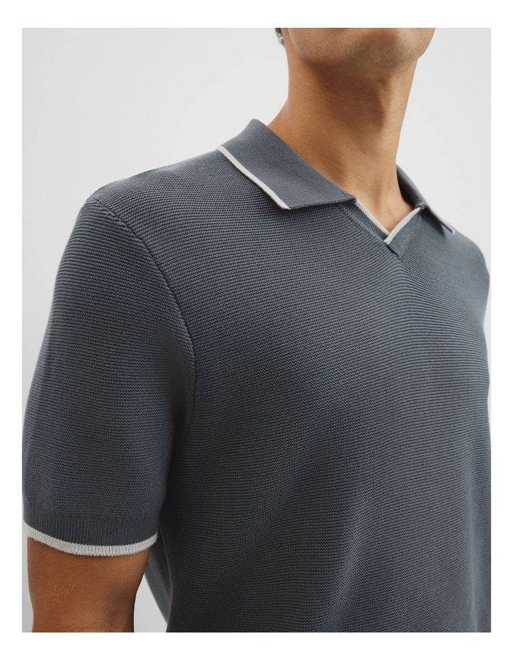 Australian Cotton V-neck Knit Polo in Ash Blue image 2