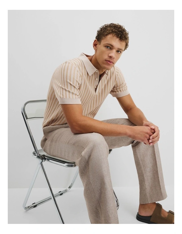 Australian Cotton Blend Silk Stripe Knit Polo in Latte image 1
