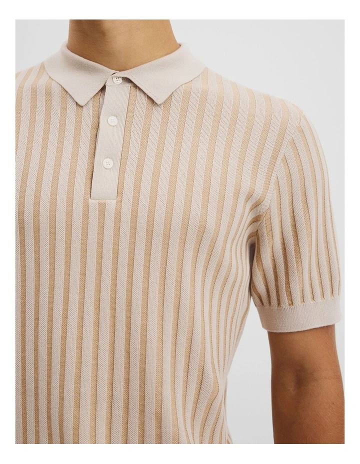 Australian Cotton Blend Silk Stripe Knit Polo in Latte image 2