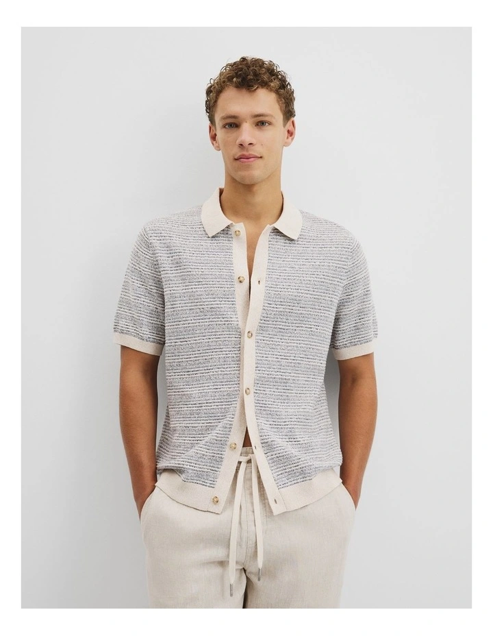 Cotton Linen Textured Strap Knit Shirt in Blue Multi image 1