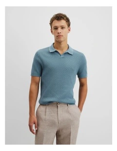 Organic Cotton Wave Knit Polo in Bluestone