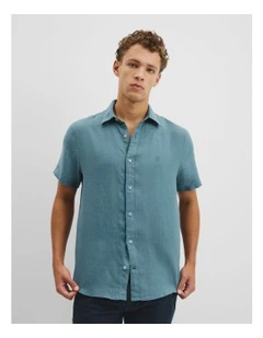 Regular Fit Organically Grown Linen Short Sleeve Shirt in Bluestone