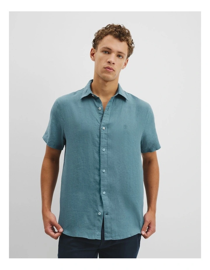 Regular Fit Organically Grown Linen Short Sleeve Shirt in Bluestone image 1
