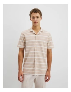 Textured Short Sleeve Cuban Stripe Shirt in Sand
