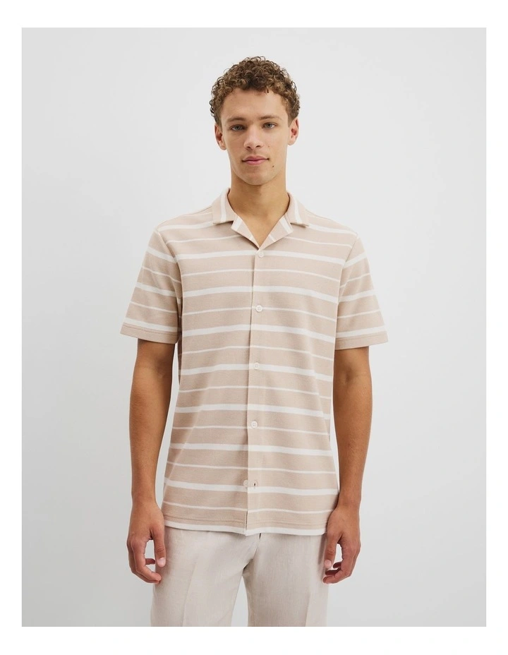 Textured Short Sleeve Cuban Stripe Shirt in Sand image 1