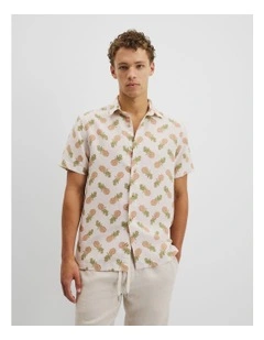 Regular Tencel Linen Print Shirt in White Multi