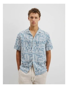 Short Sleeve Tencel Linen Abstract Print Shirt in Bluestone
