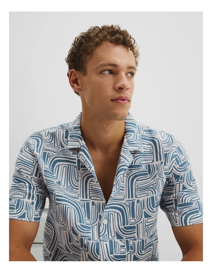 Short Sleeve Tencel Linen Abstract Print Shirt in Bluestone image 2
