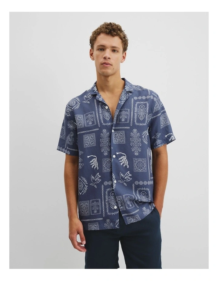Short Sleeve Tencel Linen Stamp Print Shirt in Indigo image 1