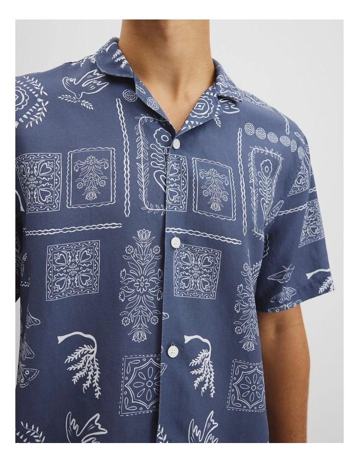 Short Sleeve Tencel Linen Stamp Print Shirt in Indigo image 2