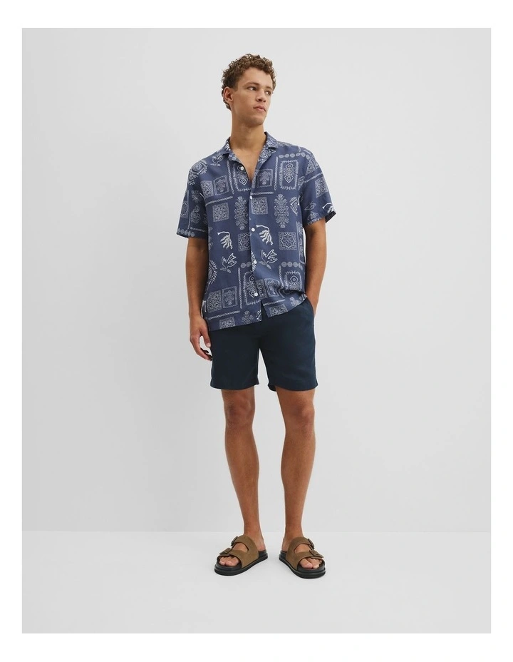 Short Sleeve Tencel Linen Stamp Print Shirt in Indigo image 3