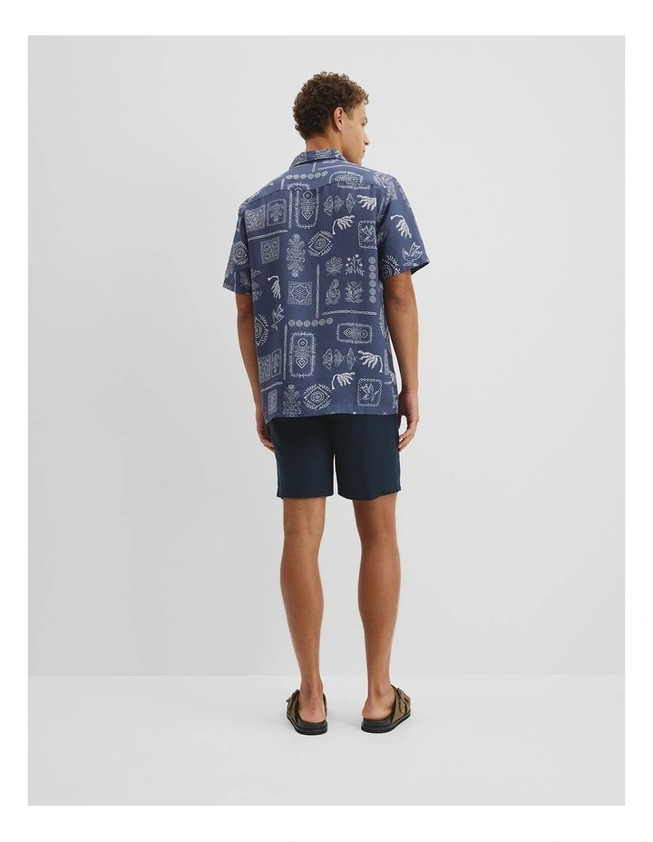 Short Sleeve Tencel Linen Stamp Print Shirt in Indigo image 4