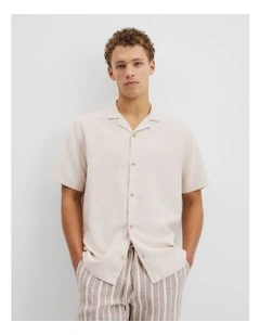 Short Sleeve Cotton Linen Basket Weave Shirt in Sand