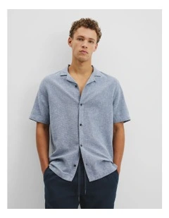 Short Sleeve Cotton Linen Basket Weave Shirt in Ash Blue