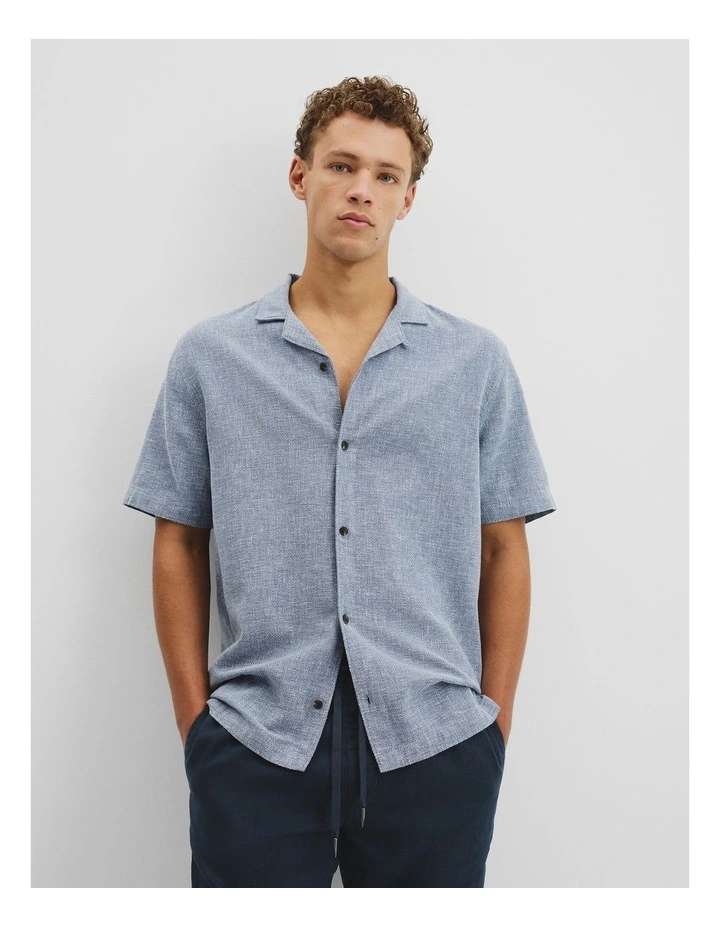Short Sleeve Cotton Linen Basket Weave Shirt in Ash Blue image 1