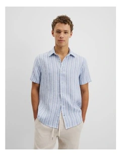 Organically Grown Linen Short Sleeve Regular Strap Shirt in Blue Multi