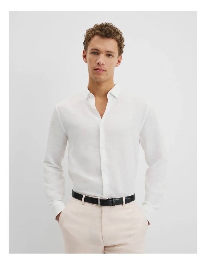 Long Sleeve Slim Linen Cotton Shirt in White image 1