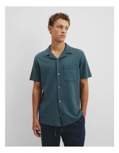 Short Sleeve Seersucker Cuban Shirt in Bluestone