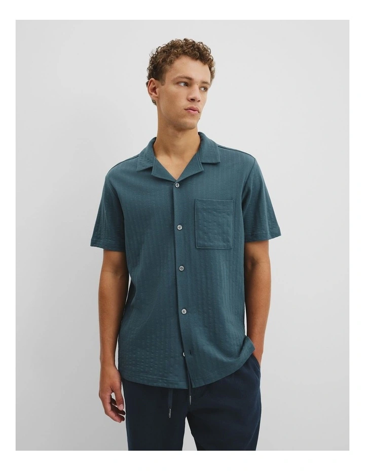 Short Sleeve Seersucker Cuban Shirt in Bluestone image 1