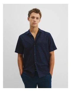 Relaxed Cotton Linen Textured Shirt in Navy