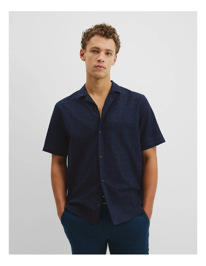 Relaxed Cotton Linen Textured Shirt in Navy image 1