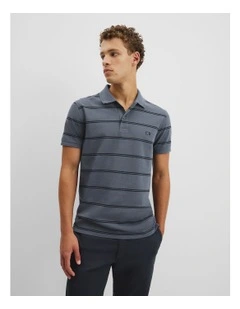 Australian Cotton Stripe Pique Polo in Ash Blue
