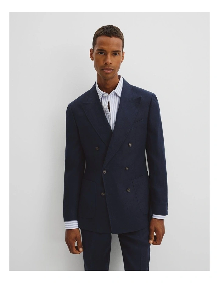 Regular Fit Linen Double Breasted Jacket in Navy image 1