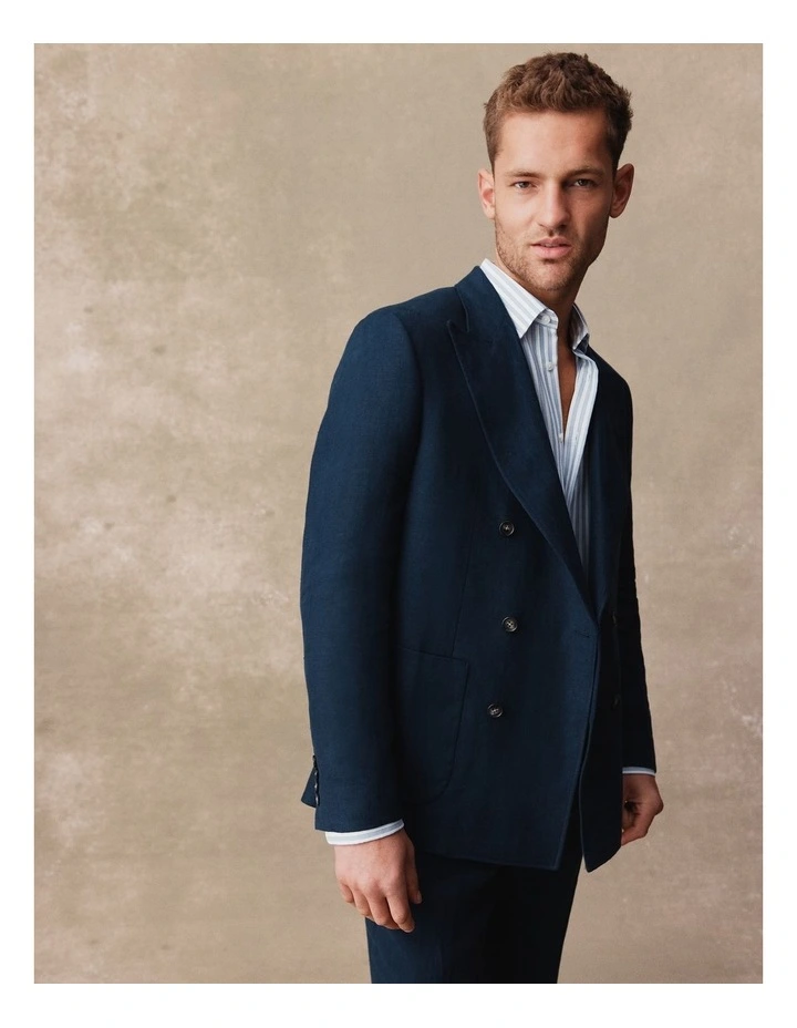 Regular Fit Linen Double Breasted Jacket in Navy image 2