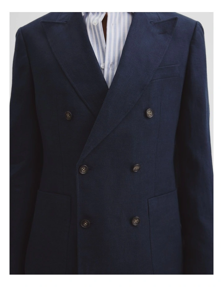 Regular Fit Linen Double Breasted Jacket in Navy image 3