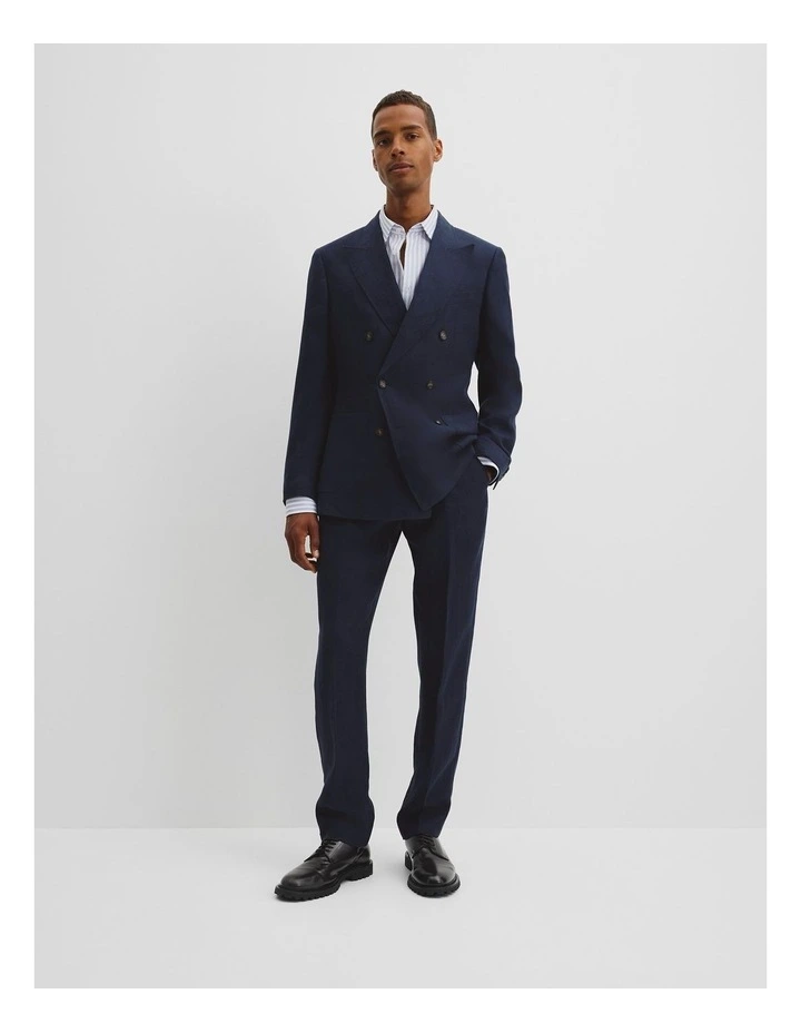 Regular Fit Linen Double Breasted Jacket in Navy image 4