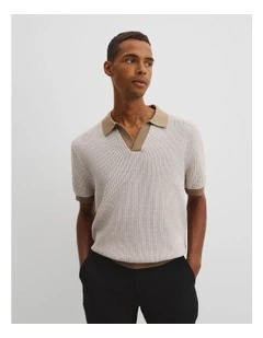 Oversized Australian Cotton Textured Knit Polo T-shirt in Burnt Butter