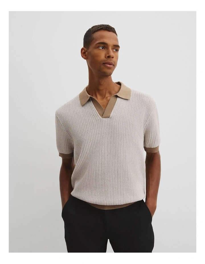 Oversized Australian Cotton Textured Knit Polo T-shirt in Burnt Butter image 1