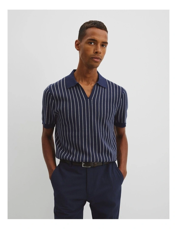Organically Cotton Jacquard Stripe Polo in Navy Multi image 1