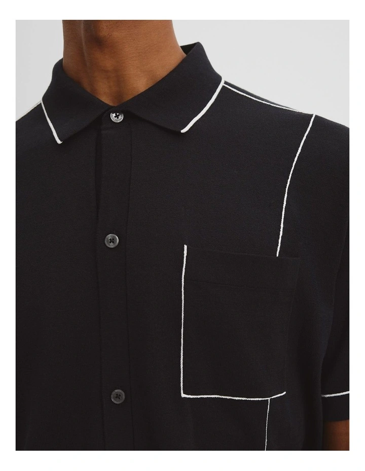 Cotton Silk Pip Detail Knit Shirt in Black image 2