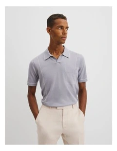 Cotton Silk Pip Detail Knit Polo T-shirt in Ice Blue