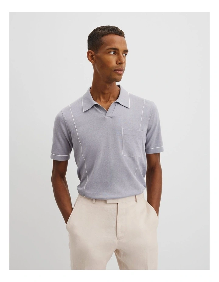 Cotton Silk Pip Detail Knit Polo T-shirt in Ice Blue image 1