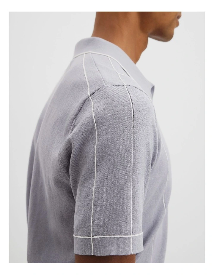 Cotton Silk Pip Detail Knit Polo T-shirt in Ice Blue image 2