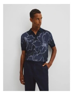 Oversized Australian Cotton Floral Knit Polo T-shirt in Navy
