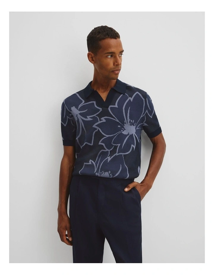 Oversized Australian Cotton Floral Knit Polo T-shirt in Navy image 1